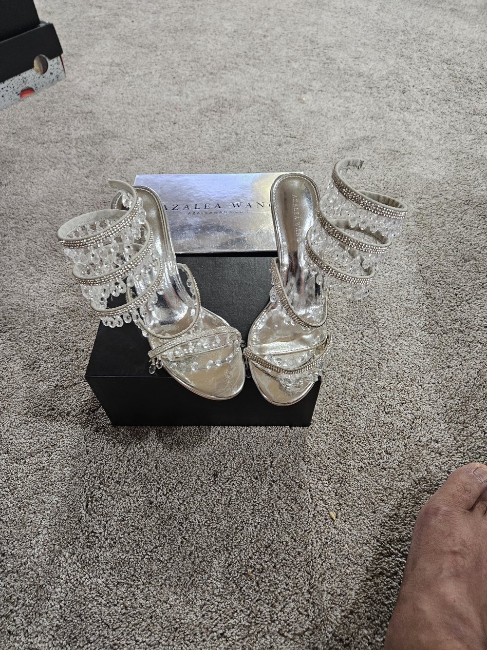Azalea Wang - Silver Crystal Spiral Strap Heeled Sandals